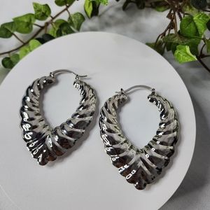 Large Statement Silver Scalloped Hoop Earrings New